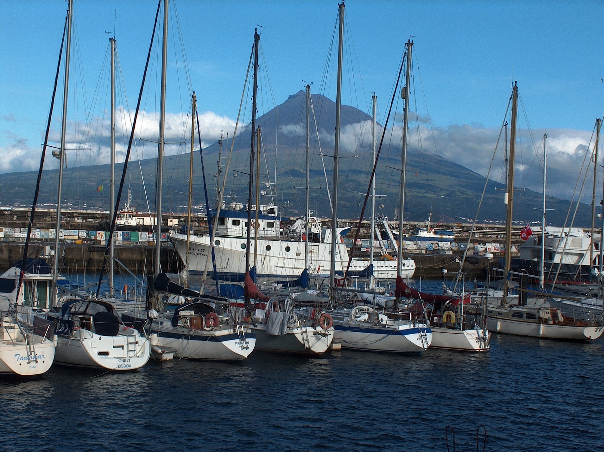 Segelboote in einem Hafen, im Hintergrund ein großer Berg mit einer Wolkenschicht an den Berghängen.