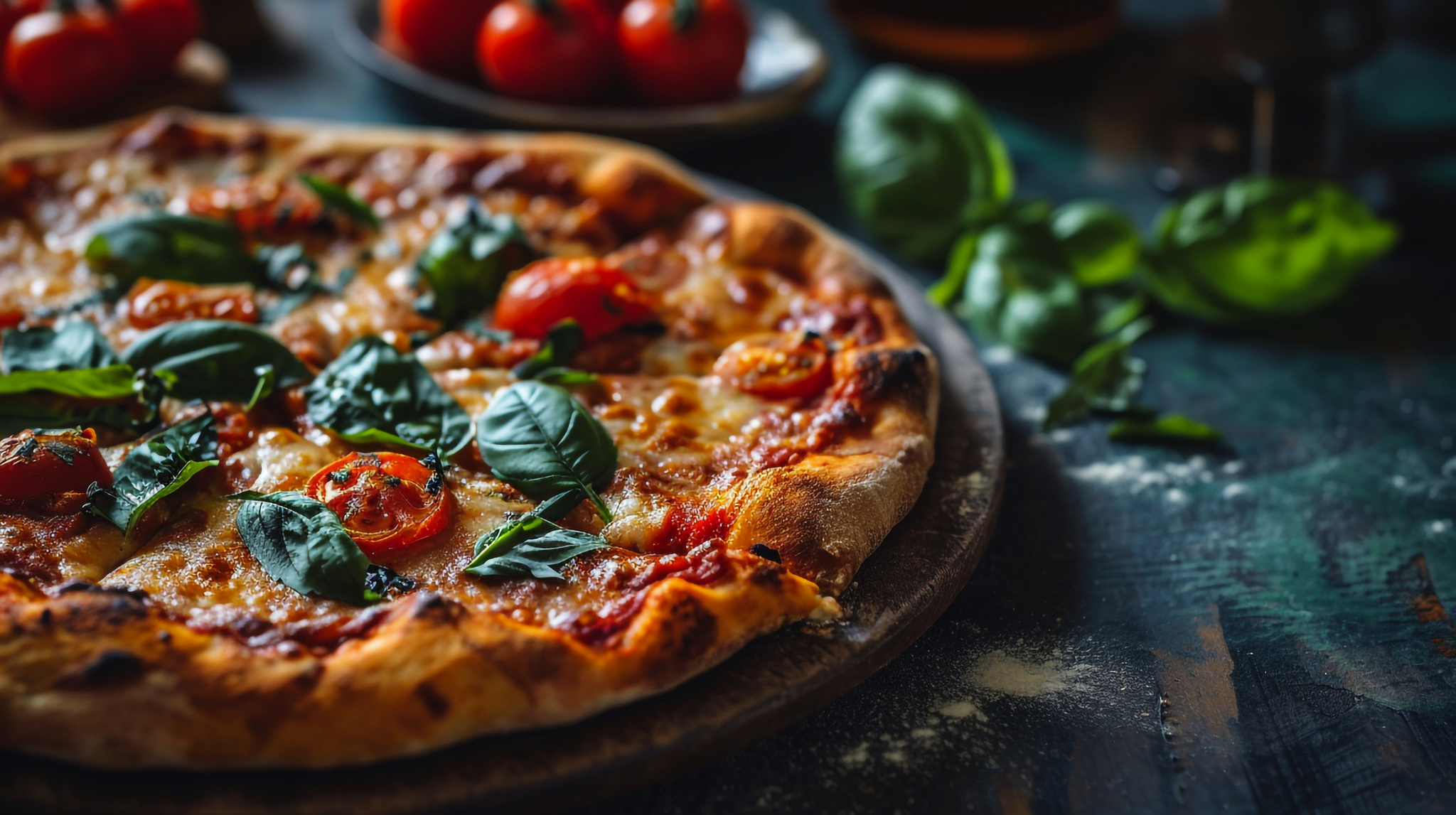 Pizza Margherita Frische Pizza mit Tomaten und Basilikum auf einem rustikalen Holztisch.