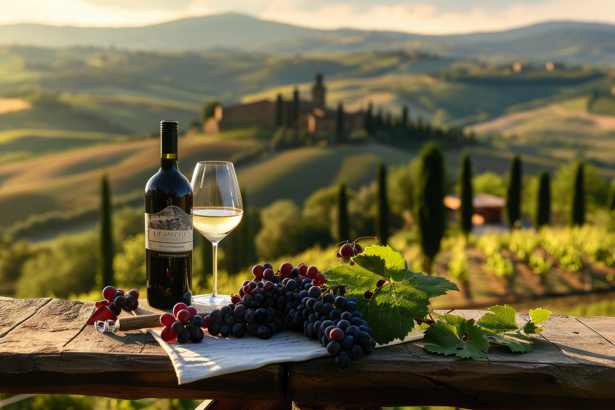 Weinflasche und Glas auf Tisch mit Weintrauben, im Hintergrund hügelige Landschaft.