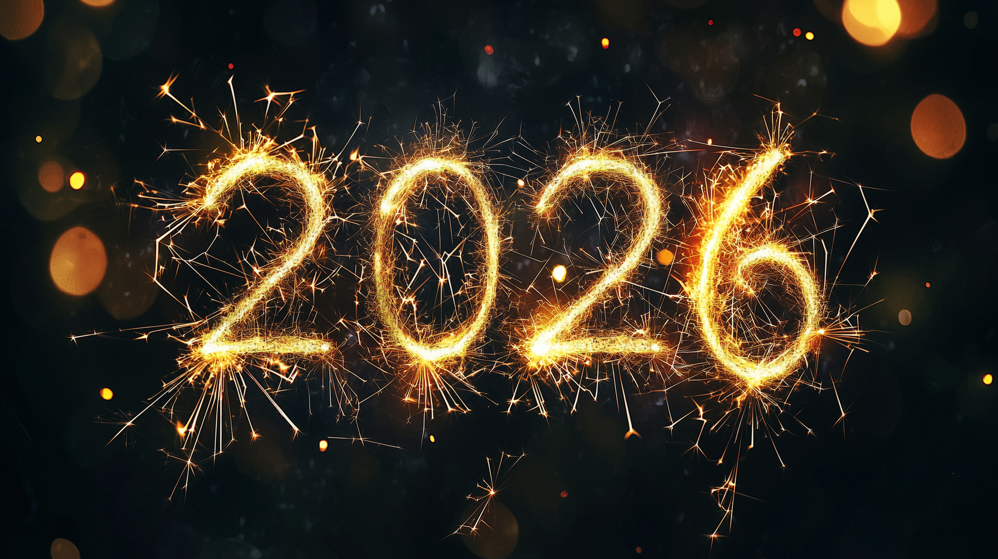 2026 mit leuchtenden Wunderkerzen – Funkelndes Highlight für Neujahrsfeiern, Silvesterpartys und festliche Anlässe Zahl 2026, dargestellt mit leuchtenden Wunderkerzen auf einem dunklen Hintergrund.