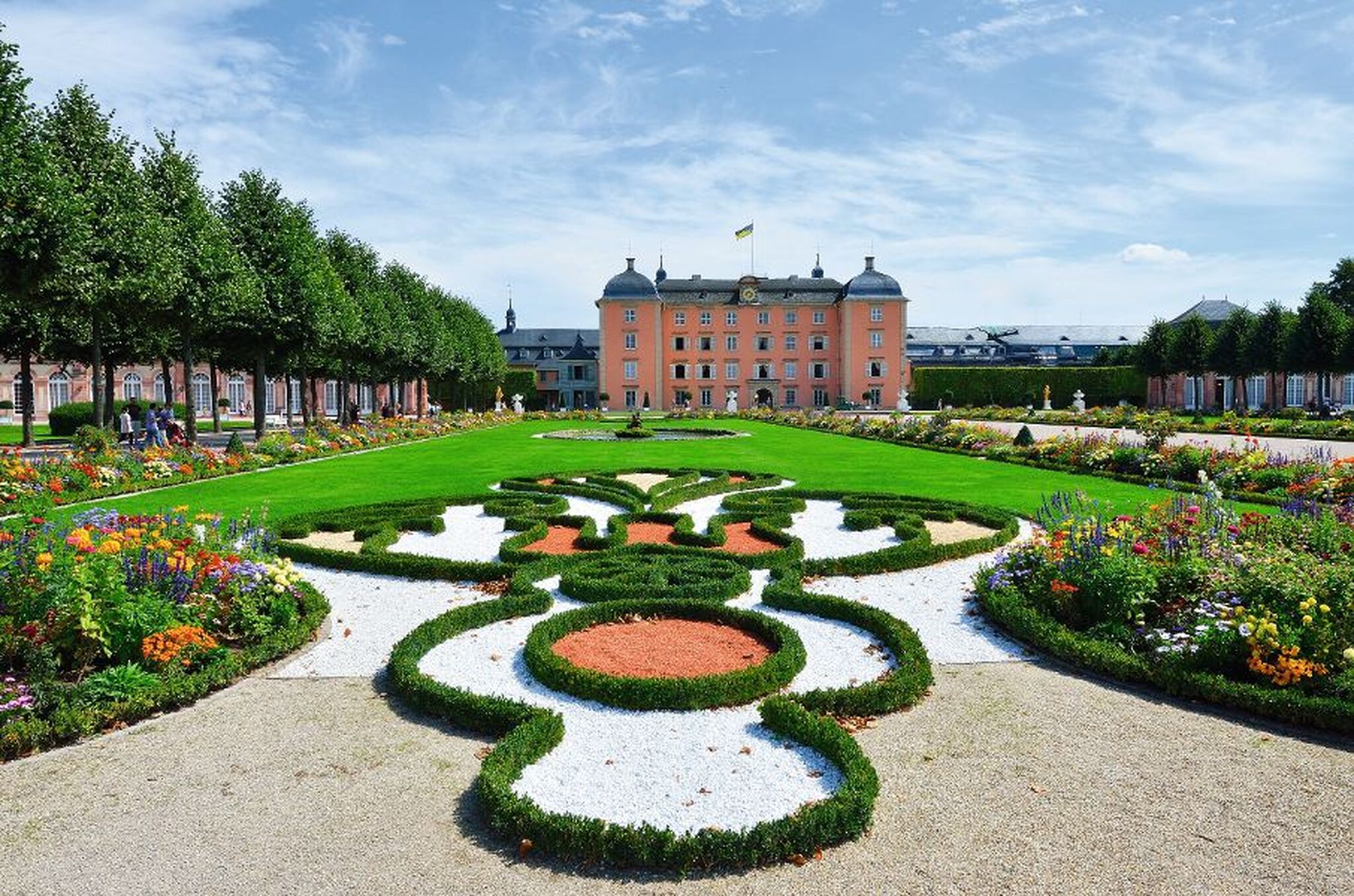 Schlosspark Schwetzingen Ein gepflegter Schlossgarten mit symmetrischen Blumenbeeten und geschnittener Hecke vor einem großen, historischen Schlossgebäude unter blauem Himmel.